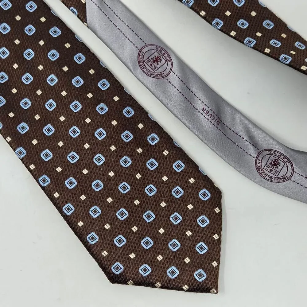 ERMENEGILDO ZEGNA SILK TIE BROWN GEOMETRIC LUXURY SATIN 3.5
